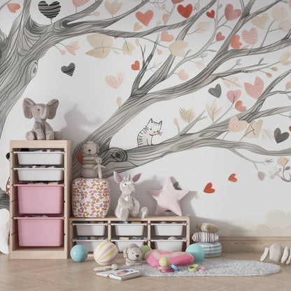 Kids-Mundo heart tree wall mural adding a whimsical cat and heart scene to a bright playroom