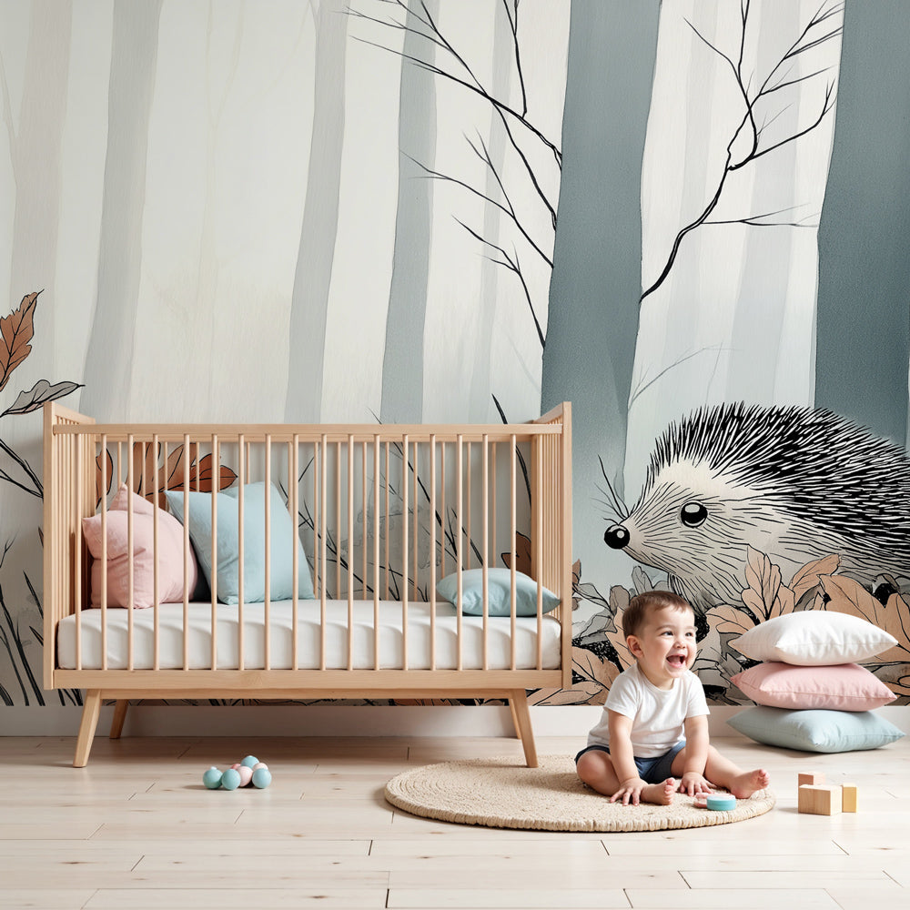 Hedgehog forest mural wallpaper in cozy nursery setting with natural wood furniture by Kids-Mundo
