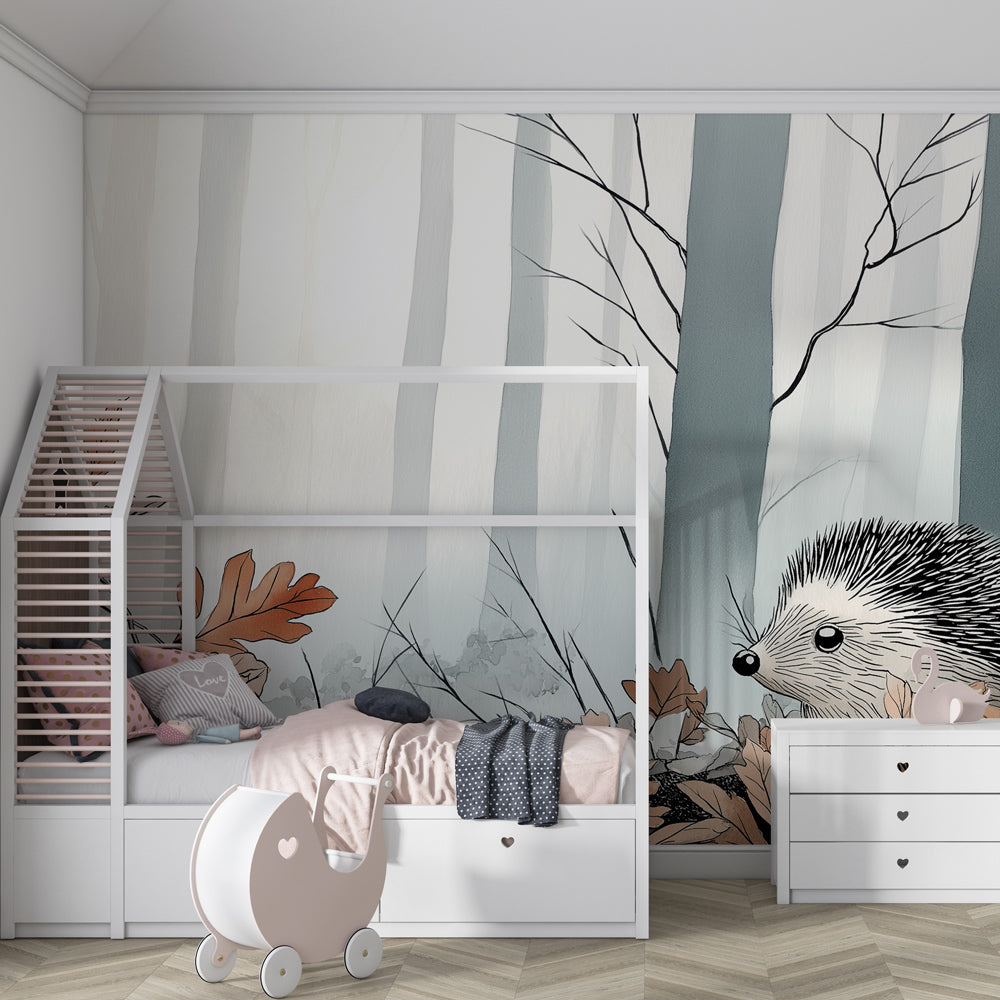 Forest hedgehog mural wallpaper in children's playroom with nature-inspired decor by Kids-Mundo