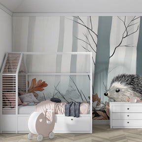 Forest hedgehog mural wallpaper in children's playroom with nature-inspired decor by Kids-Mundo
