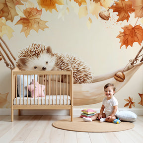 Hedgehog autumn mural wallpaper in cozy nursery setting with warm lighting by Kids-Mundo