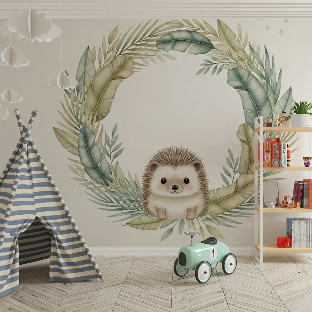 Woodland hedgehog wallpaper in modern baby room with soft green and beige nature tones