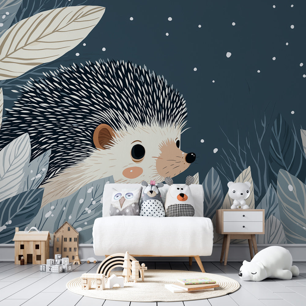 Peaceful baby nursery featuring hedgehog under moon mural wallpaper with soft blue tones