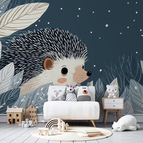 Peaceful baby nursery featuring hedgehog under moon mural wallpaper with soft blue tones