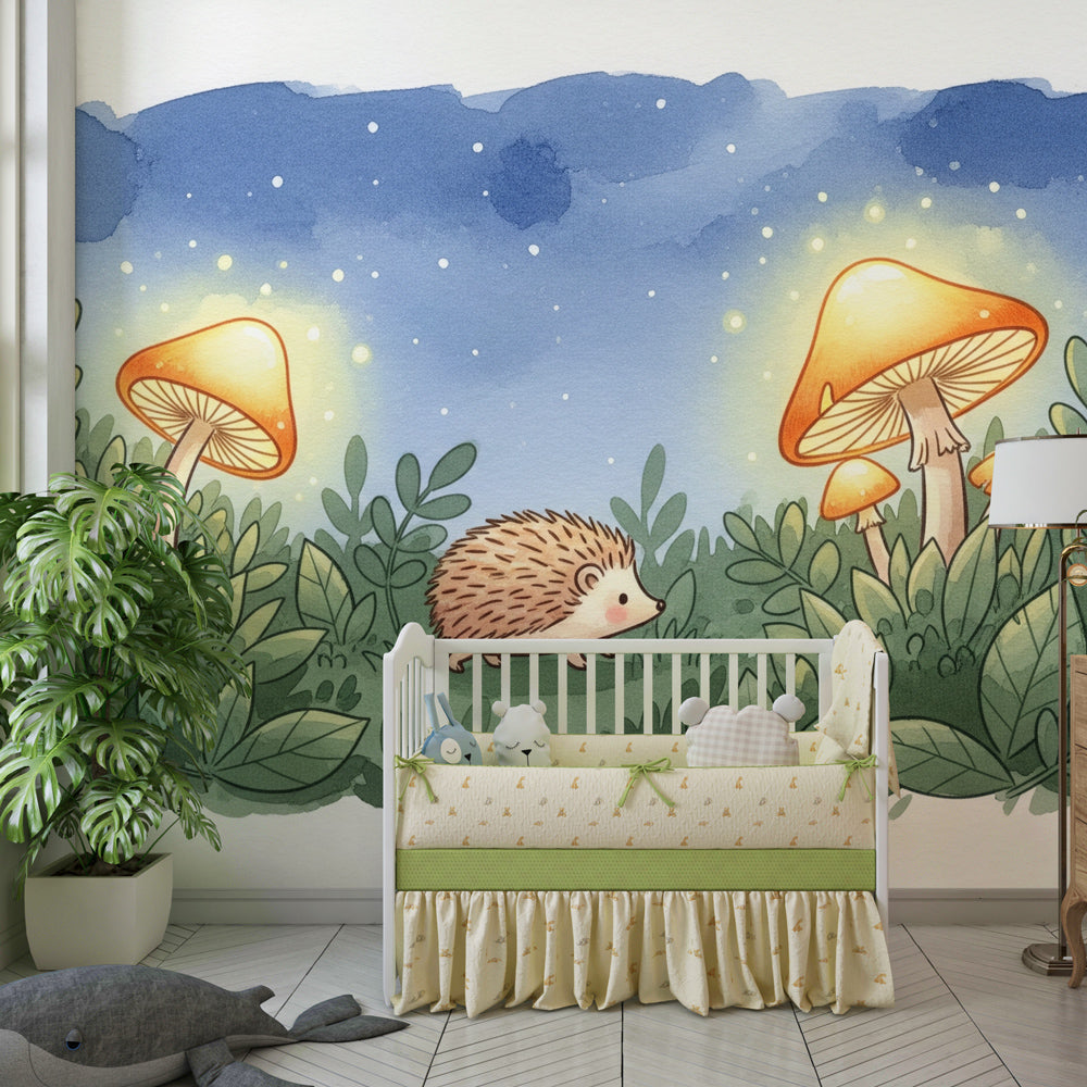Nighttime forest hedgehog wallpaper transforming children's bedroom into woodland sanctuary