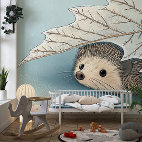 Woodland hedgehog wallpaper creating peaceful children's bedroom atmosphere