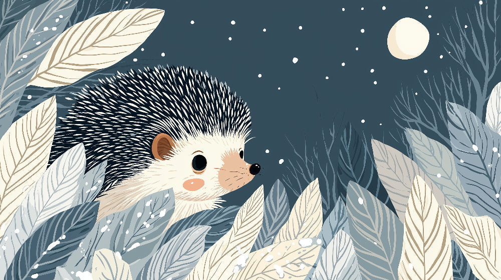 Detailed hedgehog under moon mural wallpaper design pattern with stars and leaves by Kids-Mundo