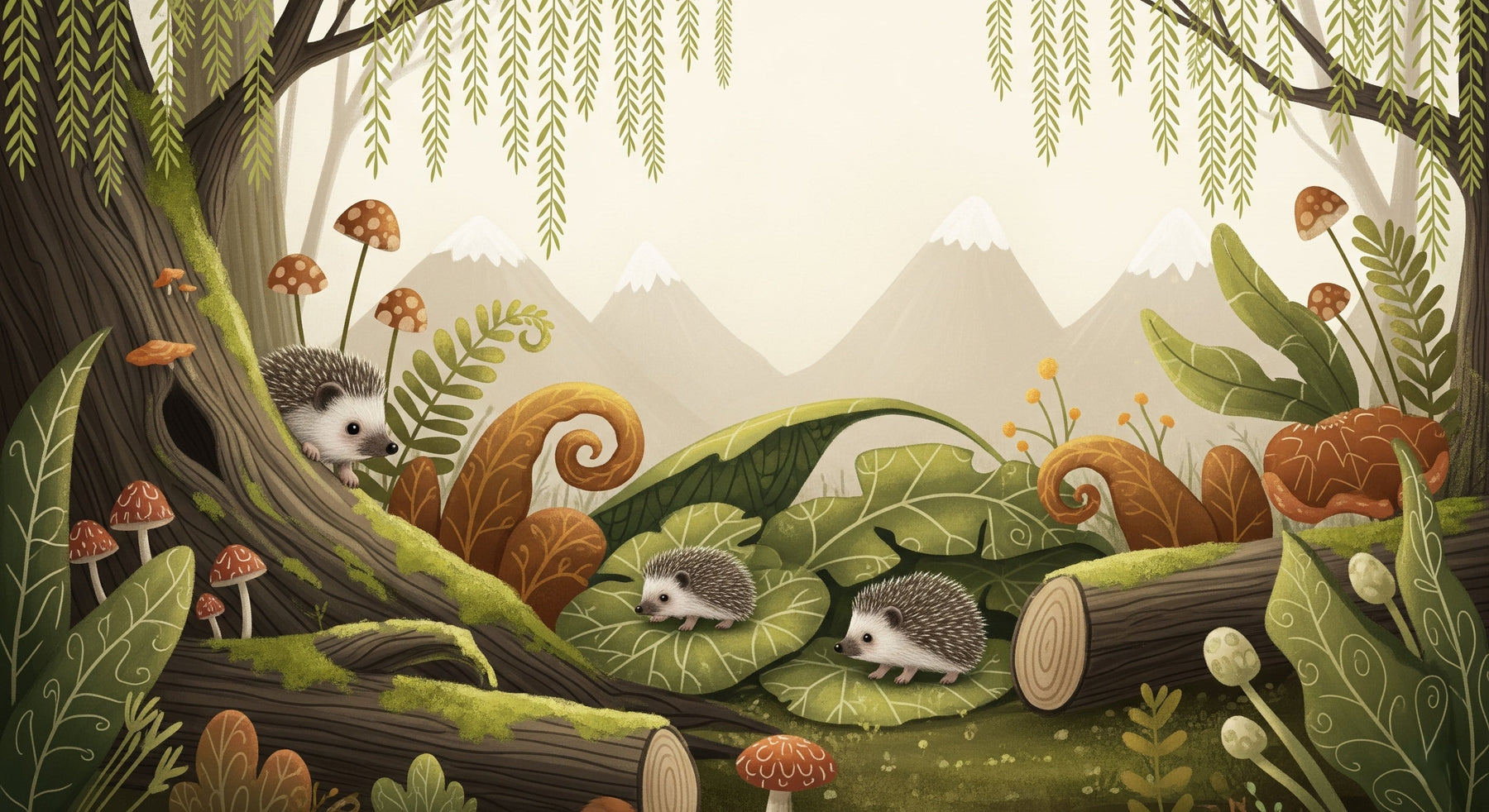 Detailed hedgehog forest mural wallpaper design pattern with mushrooms and trees by Kids-Mundo