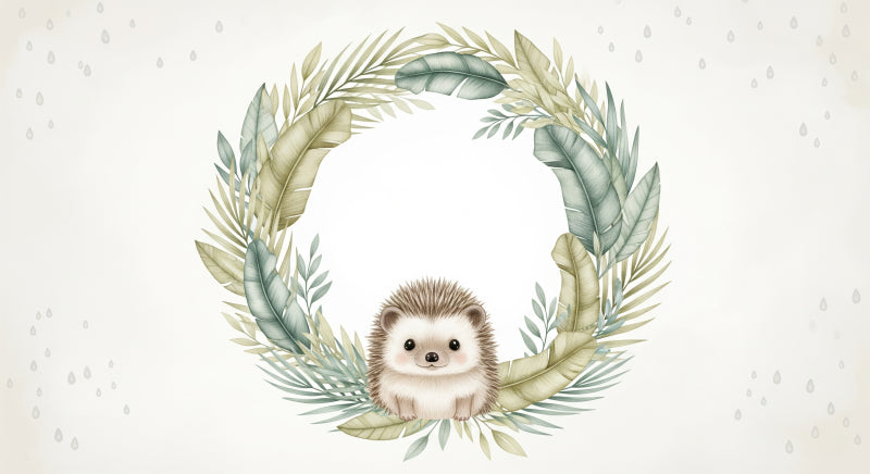 Detailed hedgehog and foliage mural wallpaper design pattern showing gentle woodland illustration by Kids-Mundo