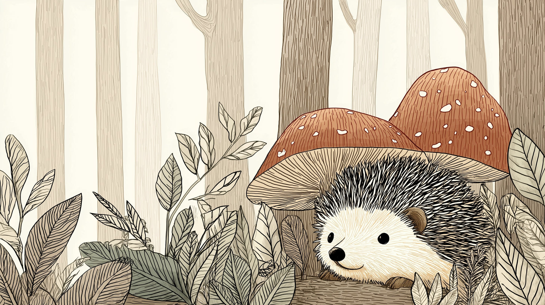 Detailed hedgehog and mushroom forest mural wallpaper design pattern by Kids-Mundo