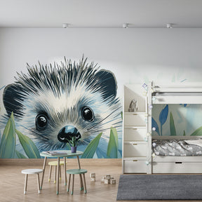 Floral hedgehog mural wallpaper transforming toddler bedroom into magical garden space