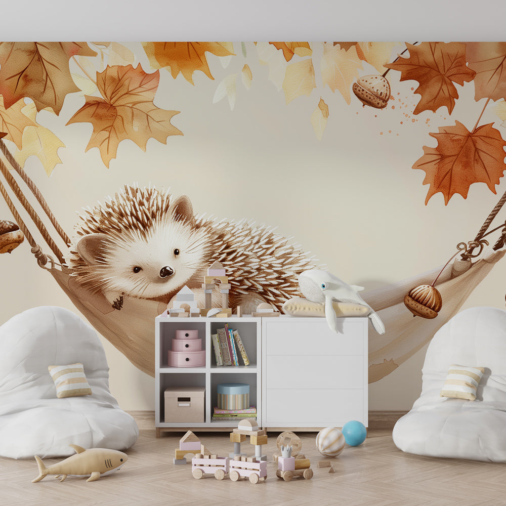 Autumn hedgehog wallpaper creating peaceful children's bedroom with natural wood furniture