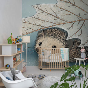 Autumn hedgehog mural wallpaper with natural wood furniture in kids room