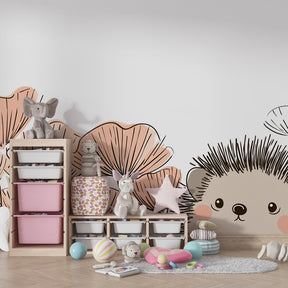 Pink flower hedgehog wallpaper transforming child's room into woodland sanctuary by Kids-Mundo