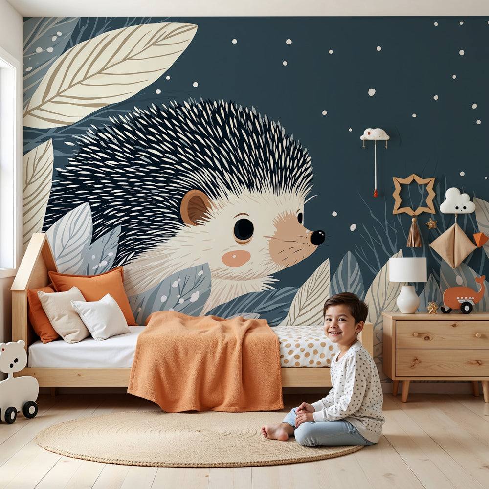 Hedgehog mural wallpaper in modern baby nursery with moonlit night design by Kids-Mundo