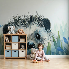 Hedgehog mural wallpaper in modern baby nursery with wooden crib by Kids-Mundo