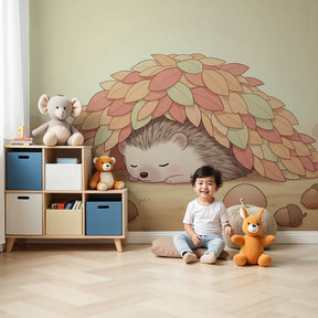 Hedgehog mural wallpaper in cozy nursery setting with wooden crib and natural decor by Kids-Mundo