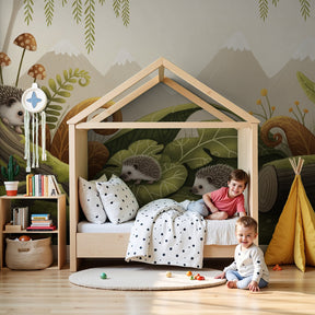 Hedgehog forest mural wallpaper in cozy nursery setting with wooden crib by Kids-Mundo