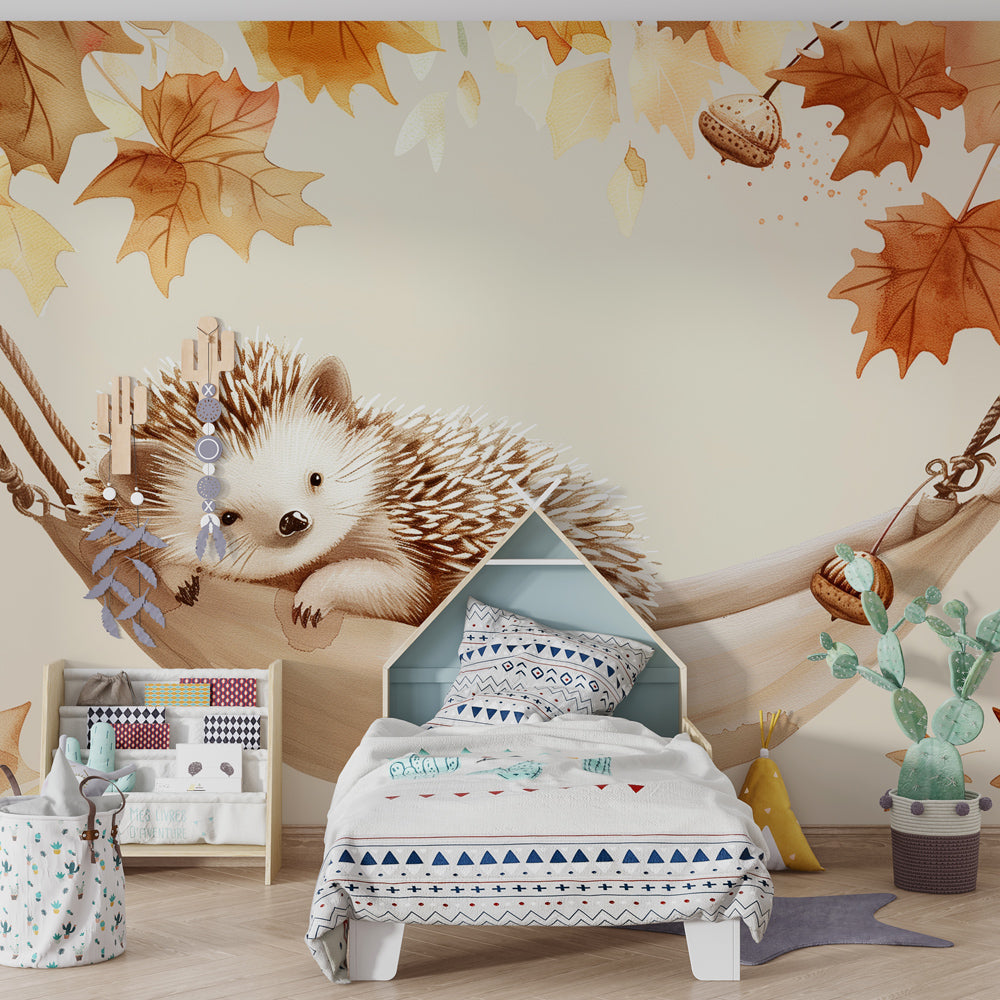 Cozy hedgehog hammock mural wallpaper in modern kids room with autumn decor accents