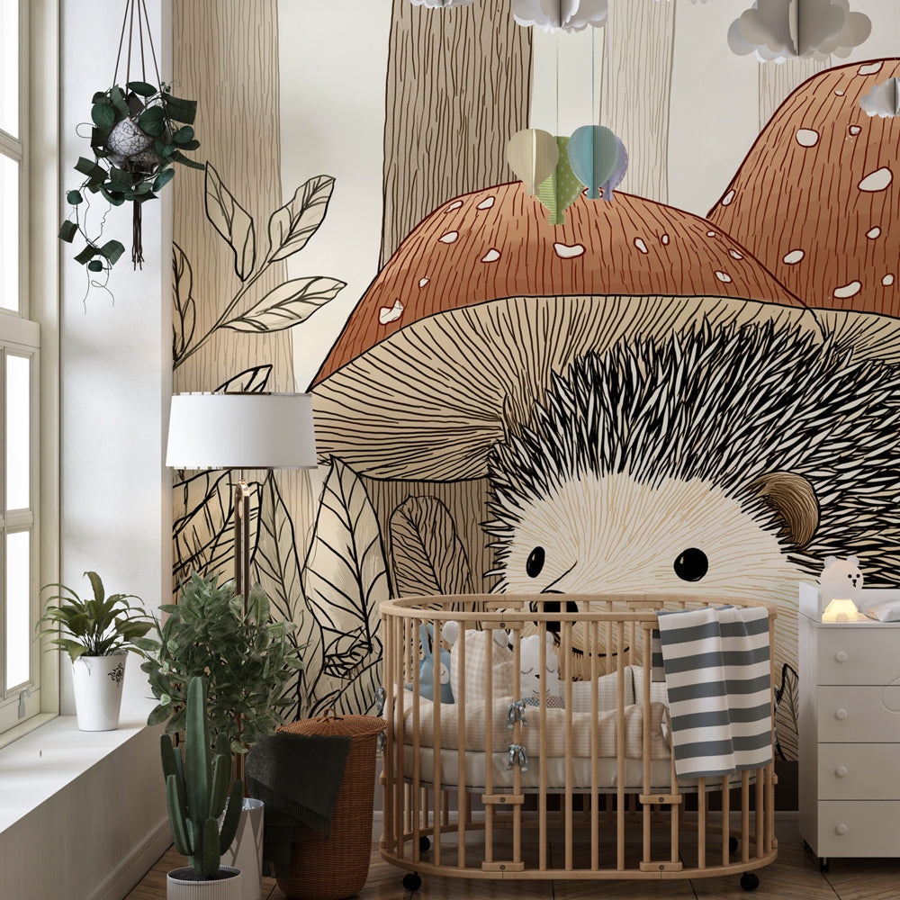 Forest animal mural wallpaper featuring hedgehog under mushrooms in children's playroom