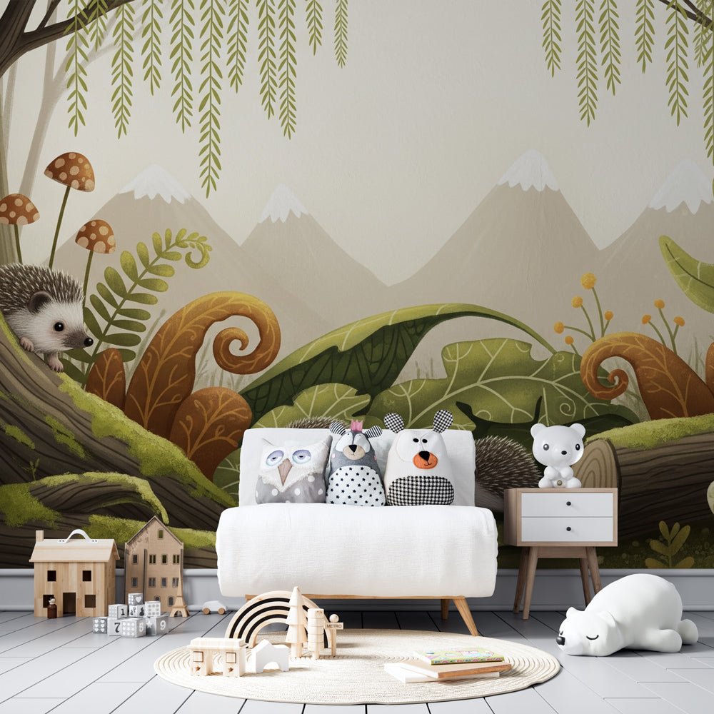 Forest animal mural wallpaper with hedgehogs transforming kids playroom space