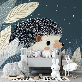 Cozy toddler bedroom with nocturnal hedgehog mural wallpaper creating dreamy atmosphere