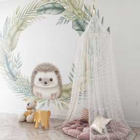Adorable hedgehog mural wallpaper transforming children's room into gentle woodland sanctuary