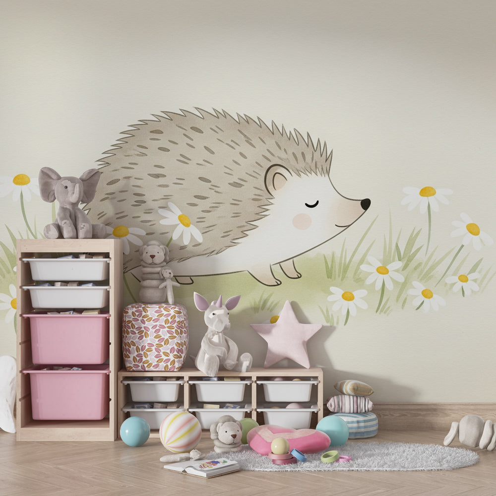 Animal mural wallpaper featuring hedgehog and daisies in cozy toddler bedroom setting