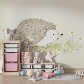 Animal mural wallpaper featuring hedgehog and daisies in cozy toddler bedroom setting