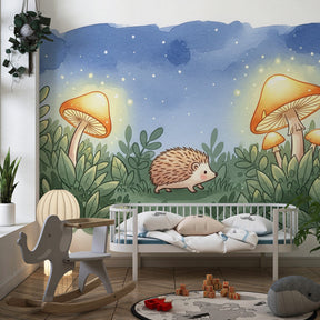 Whimsical hedgehog and mushroom mural wallpaper for cozy toddler room by Kids-Mundo