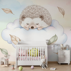 Whimsical cloud hedgehog mural wallpaper transforming toddler room into magical sanctuary