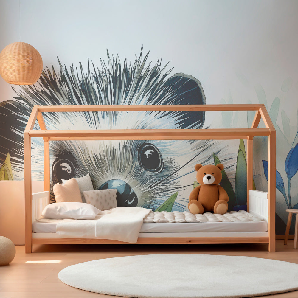 Curious hedgehog wallpaper creating peaceful woodland nursery decor with natural elements