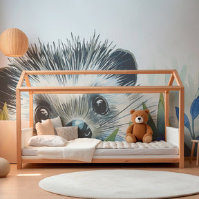Curious hedgehog wallpaper creating peaceful woodland nursery decor with natural elements