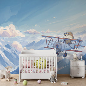 Mountain and cloud adventure wallpaper transforming kids bedroom with hedgehog pilot theme