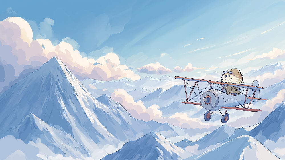 Detailed hedgehog pilot adventure mural wallpaper design pattern with clouds and mountains by Kids-Mundo
