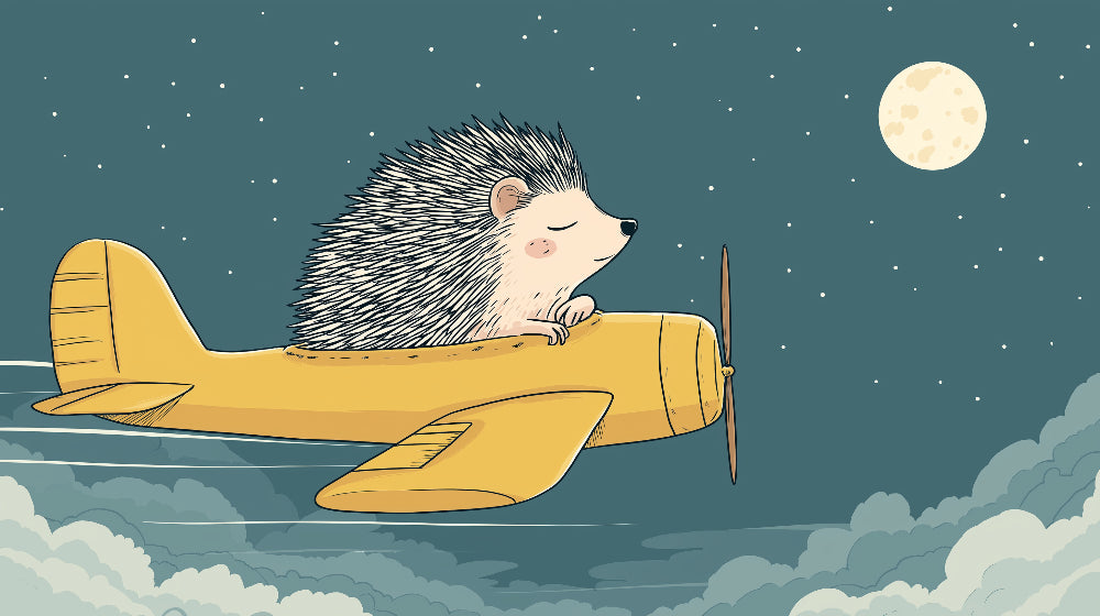 Detailed hedgehog pilot night sky mural wallpaper design pattern with yellow airplane by Kids-Mundo