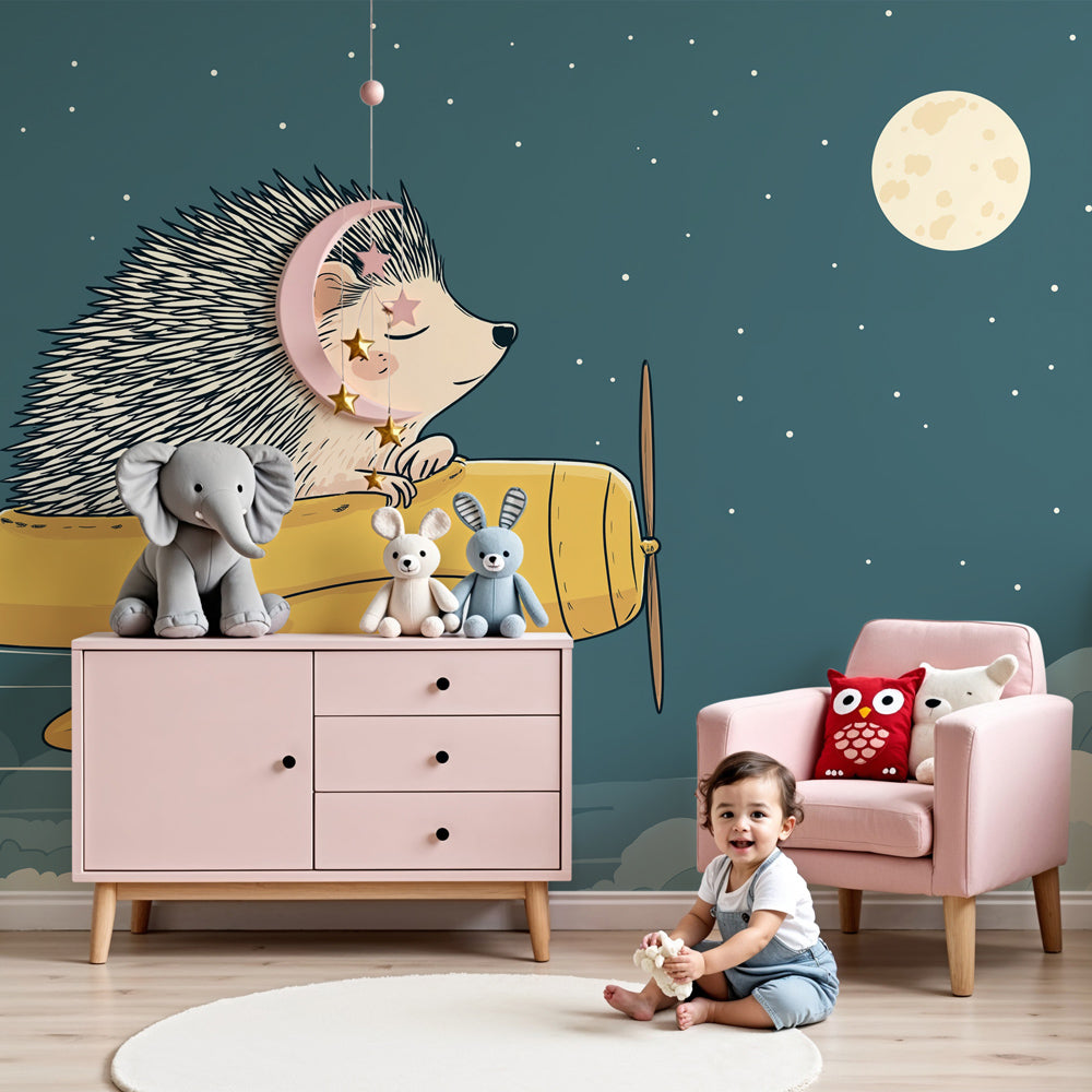 Hedgehog pilot mural wallpaper creating magical night sky atmosphere in modern kids bedroom by Kids-Mundo