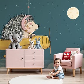 Hedgehog pilot mural wallpaper creating magical night sky atmosphere in modern kids bedroom by Kids-Mundo