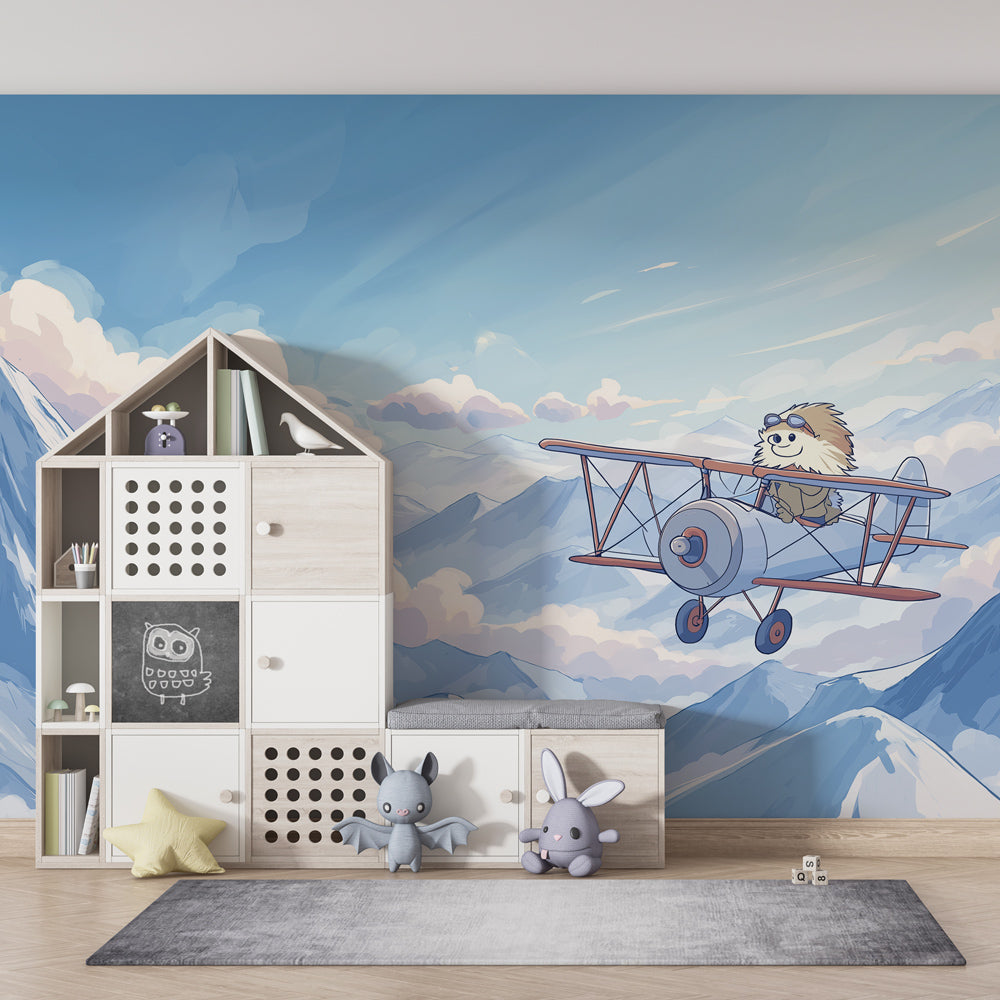 Winter aviation themed mural wallpaper featuring hedgehog pilot in children's playroom setting