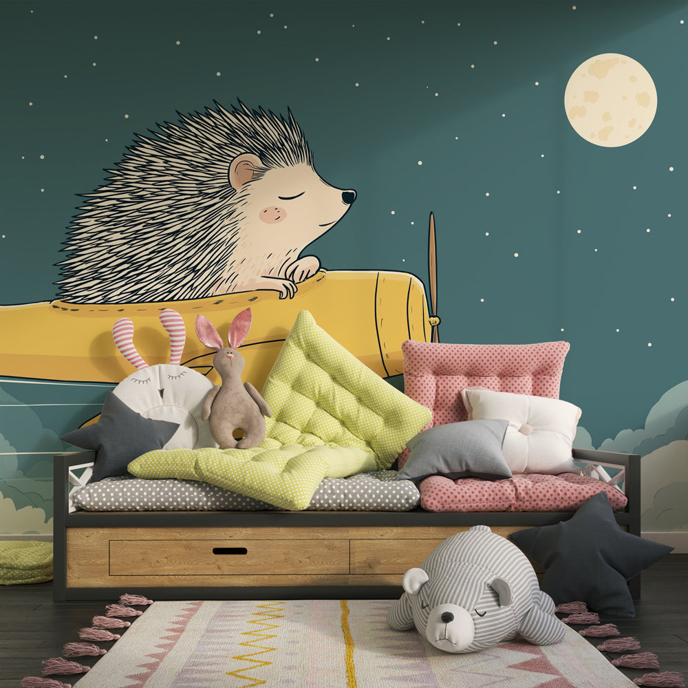 Adventure-themed hedgehog pilot wallpaper creating cozy bedtime ambiance in toddler's room setup