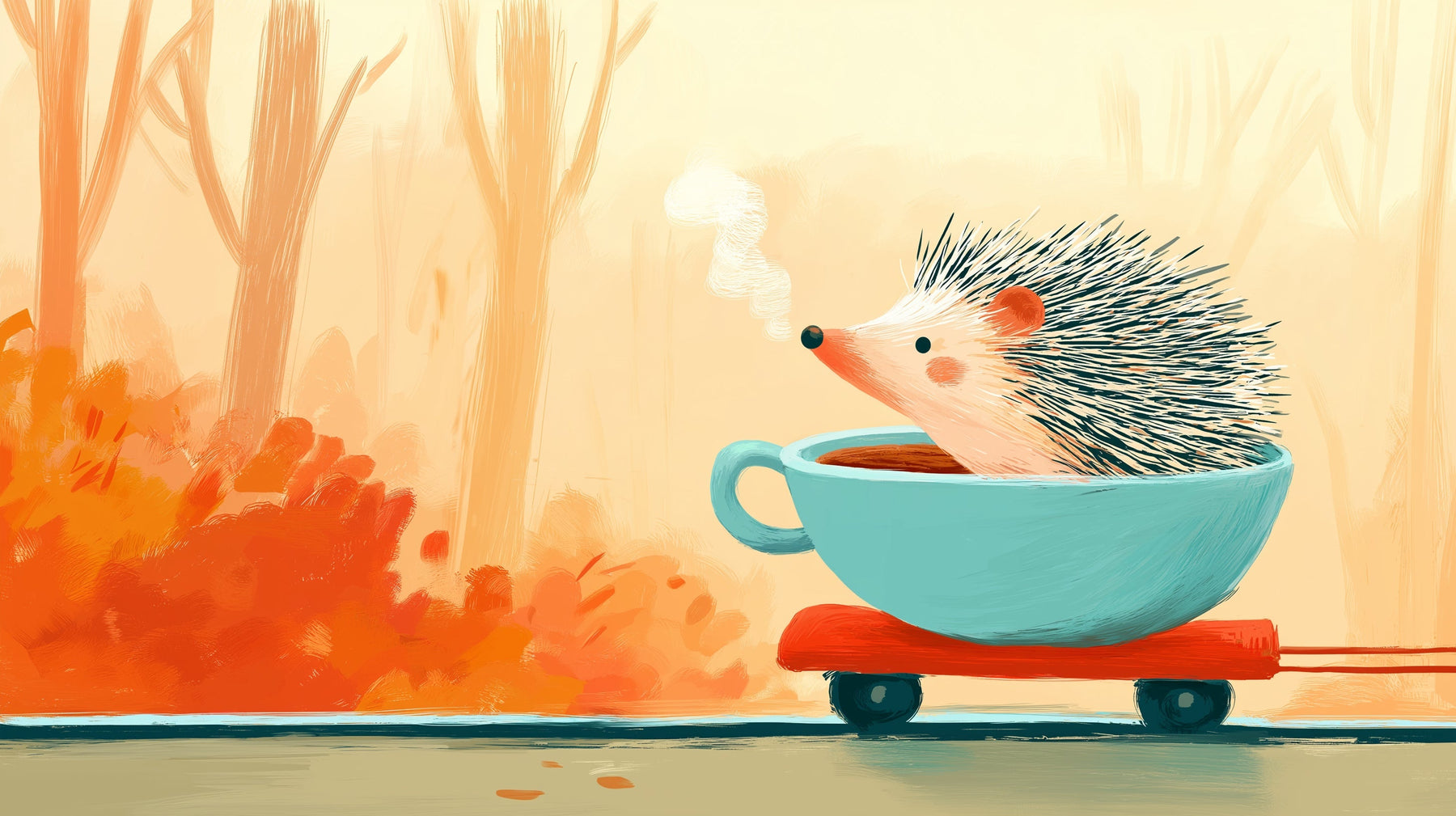 Detailed hedgehog skateboard teacup mural wallpaper design pattern by Kids-Mundo showing full artwork