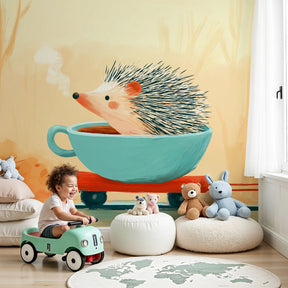 Hedgehog skateboard mural wallpaper in cozy nursery room with warm autumn colors by Kids-Mundo