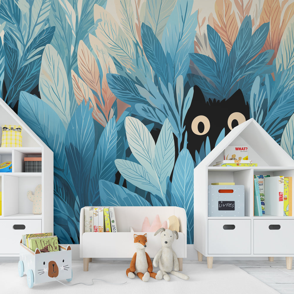 Kids-Mundo hidden cat blue jungle wall mural behind a bed in a kids bedroom