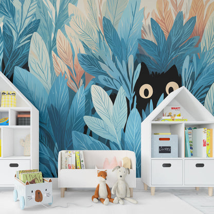 Kids-Mundo hidden cat blue jungle wall mural behind a bed in a kids bedroom