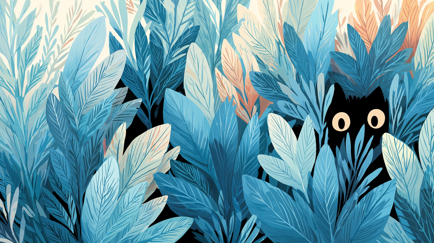Kids-Mundo flat artwork of the blue jungle wall mural with a hidden black cat design