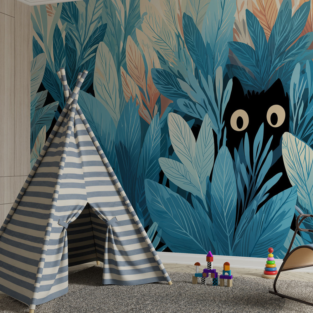 Kids-Mundo blue jungle wall mural with a peeking cat in a lively children's playroom