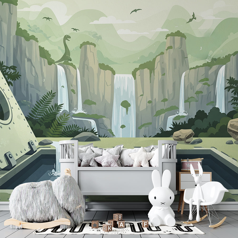 Kids-Mundo waterfall dinosaur mural covering a wall in an adventure-themed kids bedroom.
