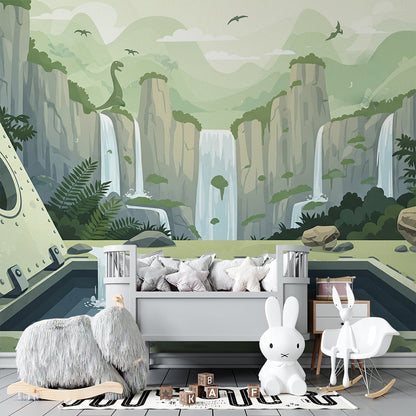 Kids-Mundo waterfall dinosaur mural covering a wall in an adventure-themed kids bedroom.