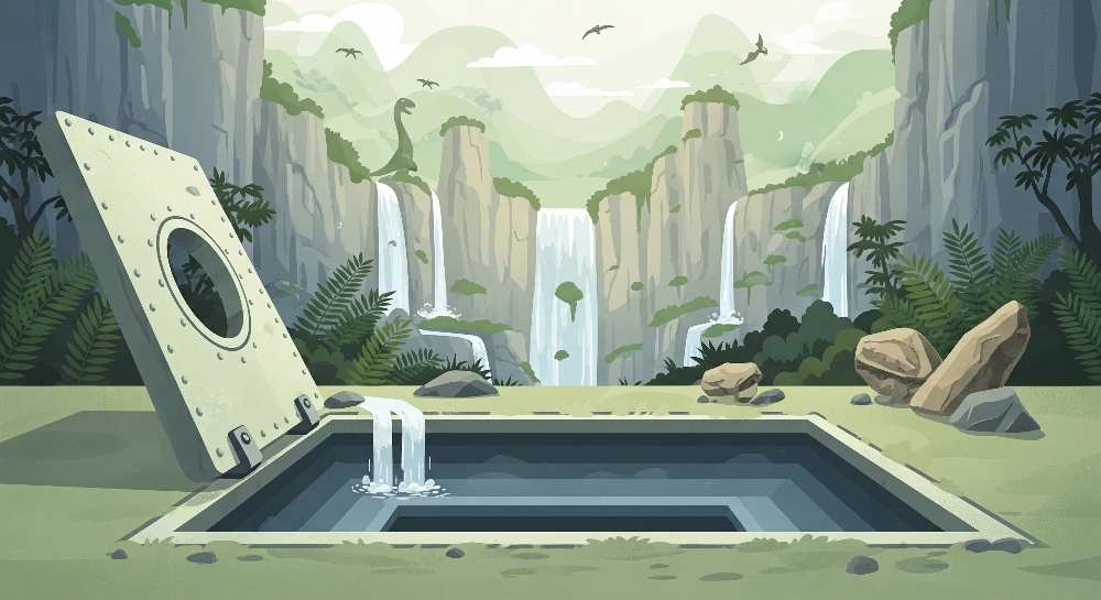 Kids-Mundo flat artwork of an open hatch revealing cascading waterfalls and a distant dinosaur.