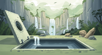 Kids-Mundo flat artwork of an open hatch revealing cascading waterfalls and a distant dinosaur.